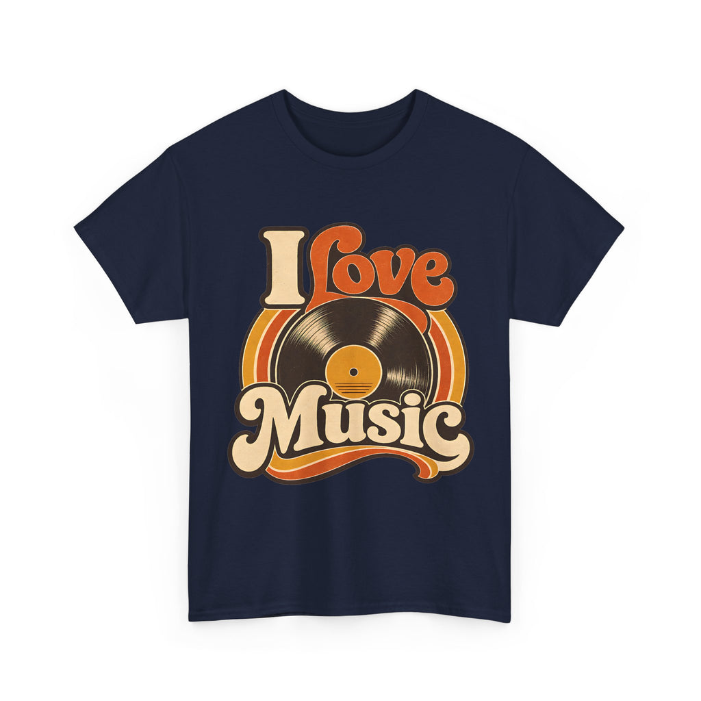 I Love Music vinyl record T-Shirt | Retro 70s typography, orange brown