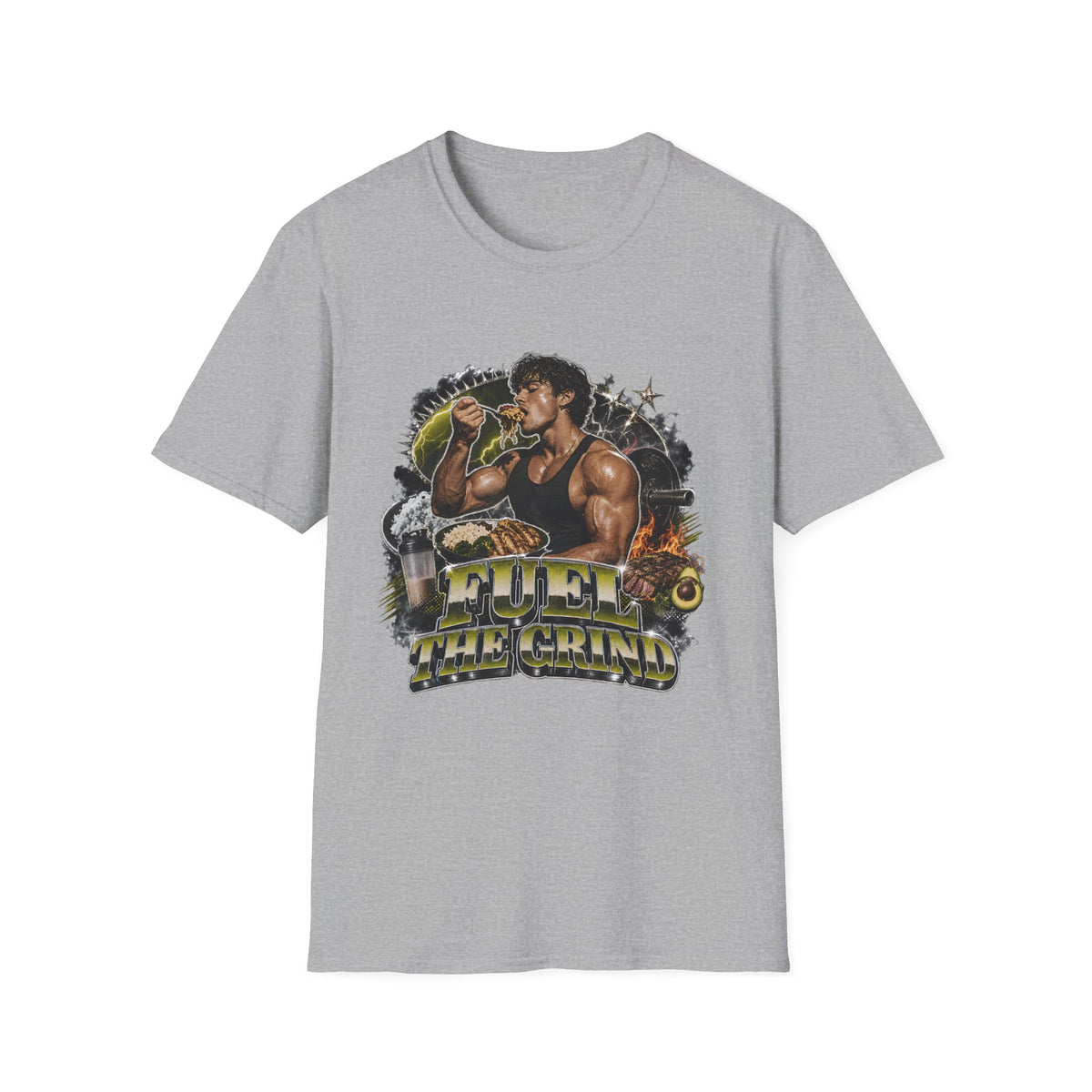 Bodybuilder Eating Food Illustration T-Shirt | Fuel The Grind