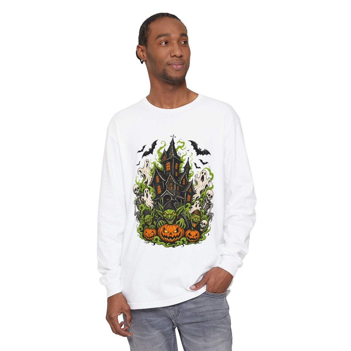 Haunted House with Pumpkins Long Sleeve T-Shirt | Halloween Spooky Art