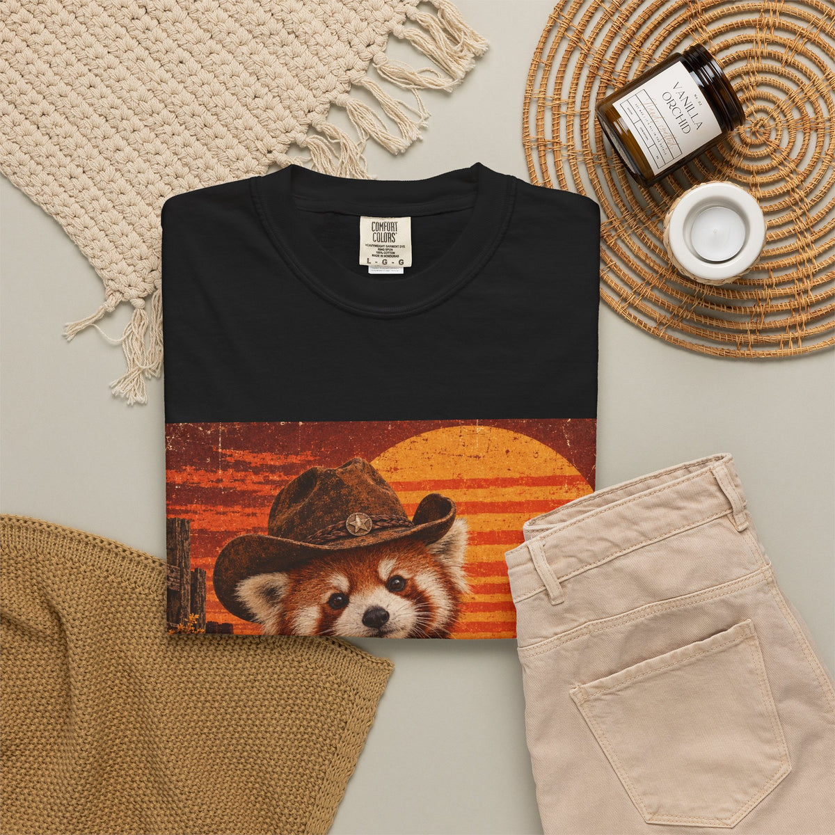 Halloween Red Panda T-Shirt — Vintage Pumpkin Sunset Design