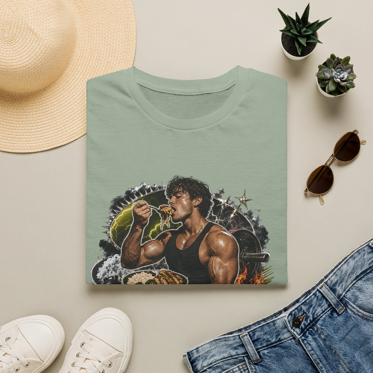 Bodybuilder Eating Food Illustration T-Shirt | Fuel The Grind