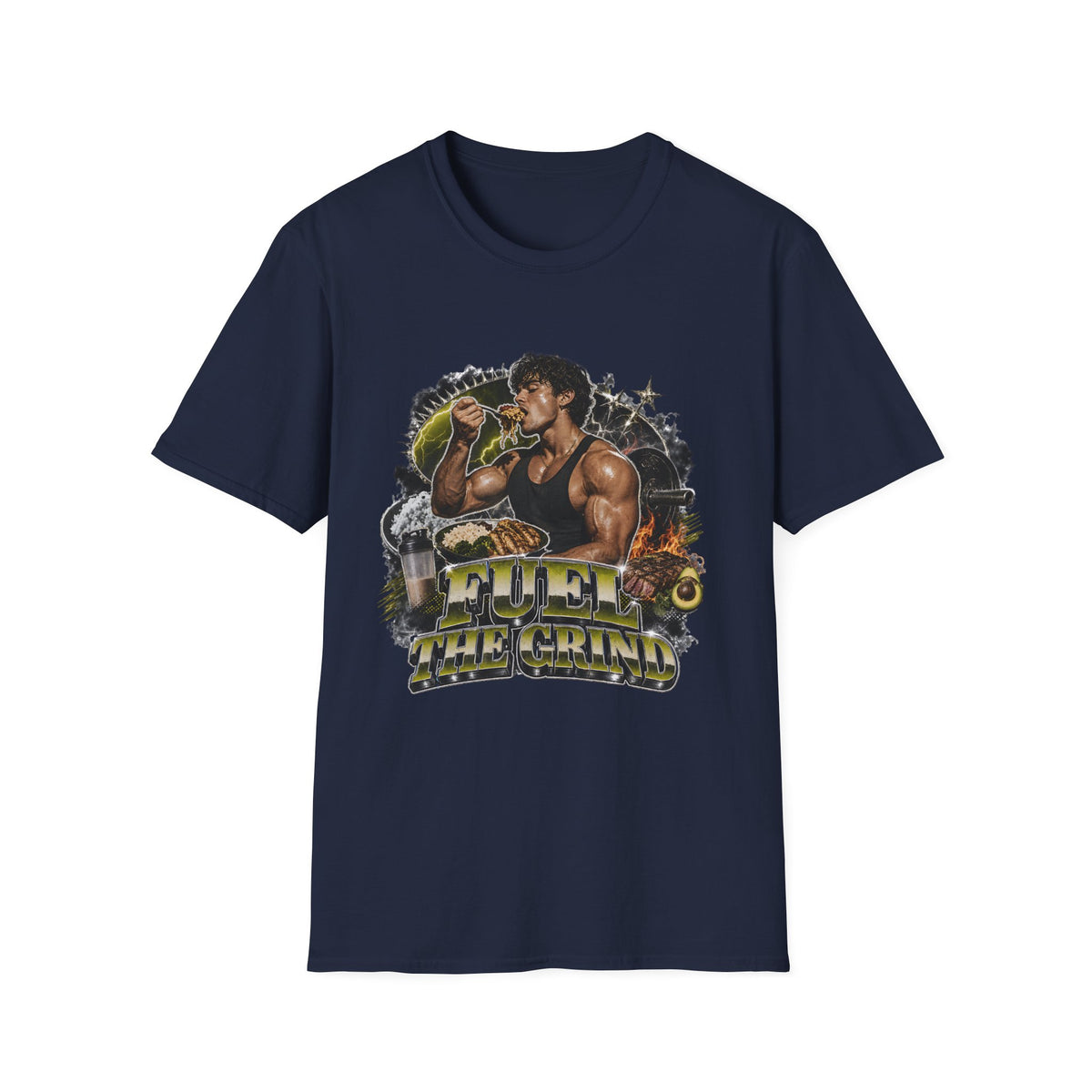 Bodybuilder Eating Food Illustration T-Shirt | Fuel The Grind