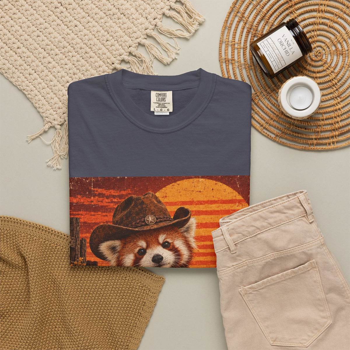 Halloween Red Panda T-Shirt — Vintage Pumpkin Sunset Design