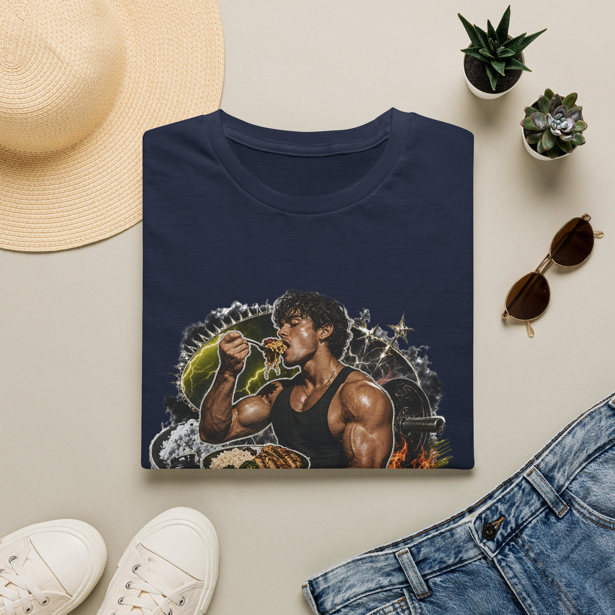 Bodybuilder Eating Food Illustration T-Shirt | Fuel The Grind