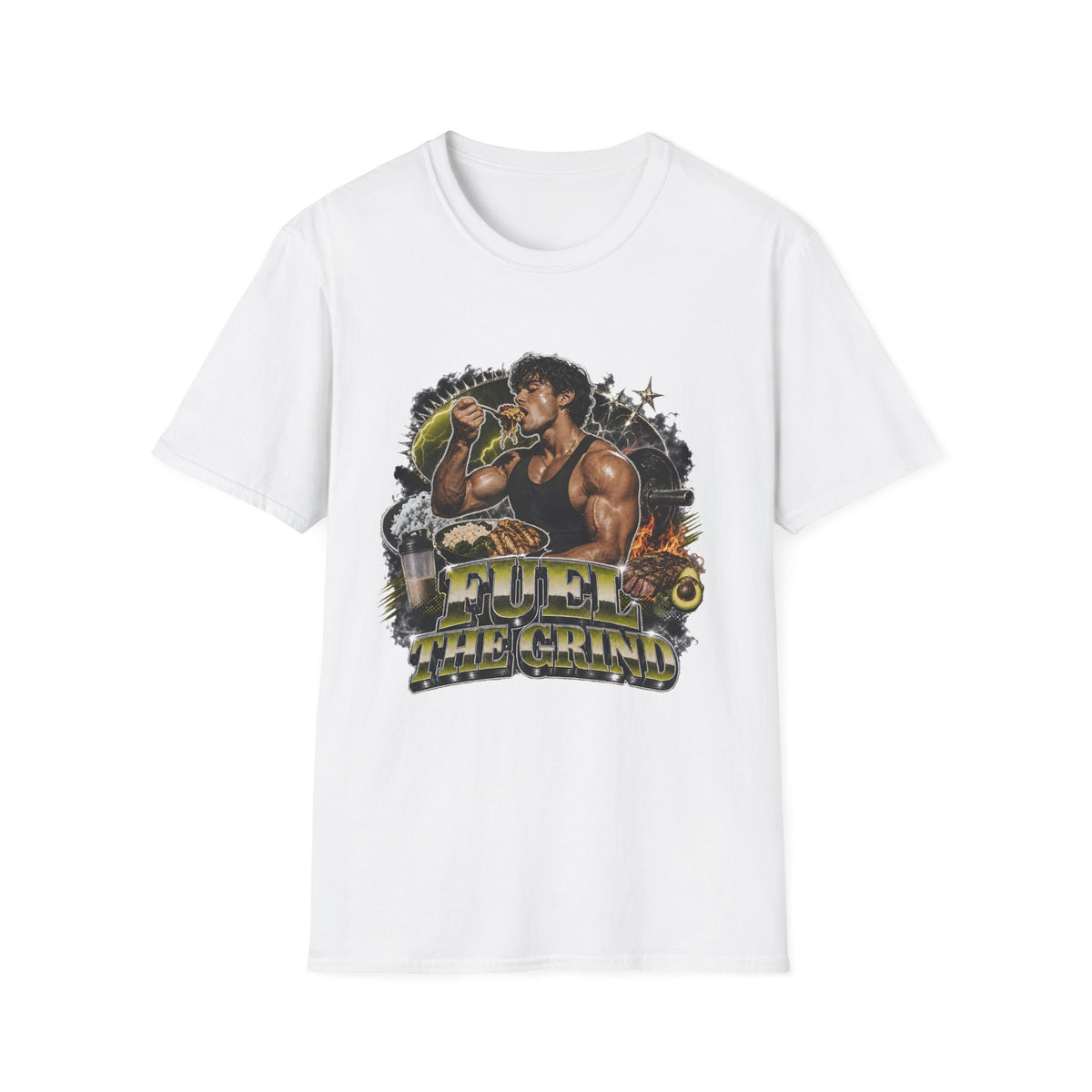 Bodybuilder Eating Food Illustration T-Shirt | Fuel The Grind