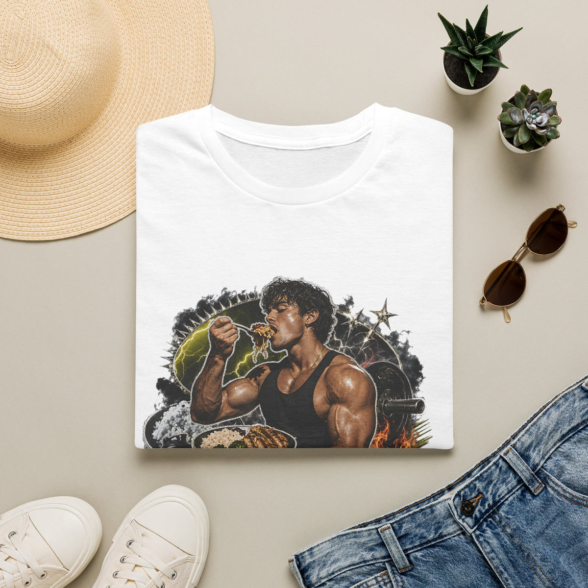 Bodybuilder Eating Food Illustration T-Shirt | Fuel The Grind