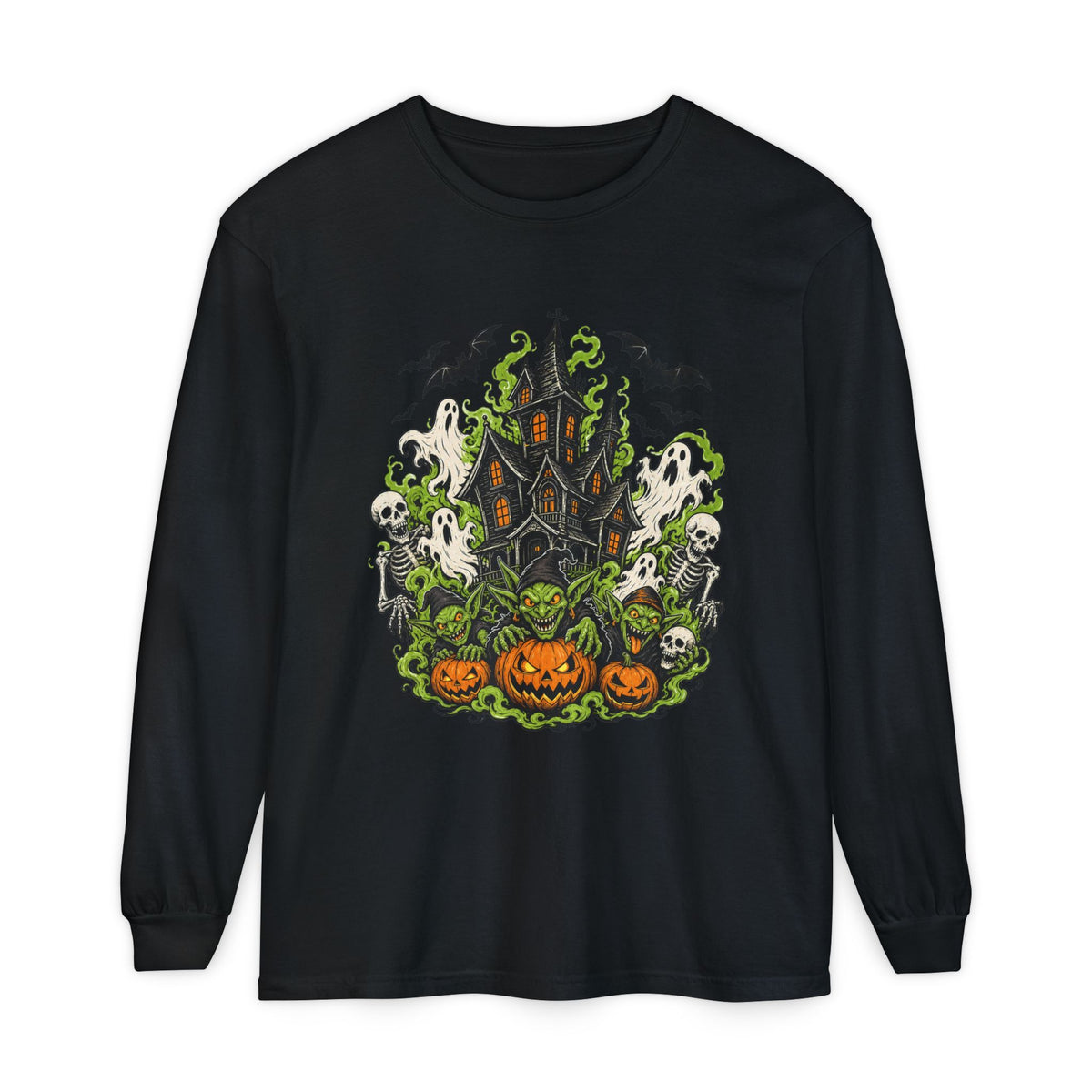 Haunted House with Pumpkins Long Sleeve T-Shirt | Halloween Spooky Art