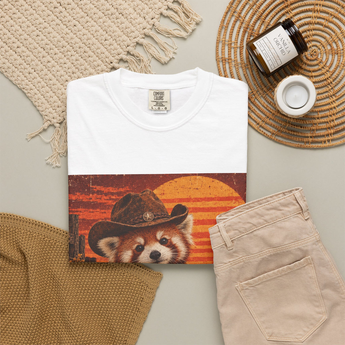 Halloween Red Panda T-Shirt — Vintage Pumpkin Sunset Design