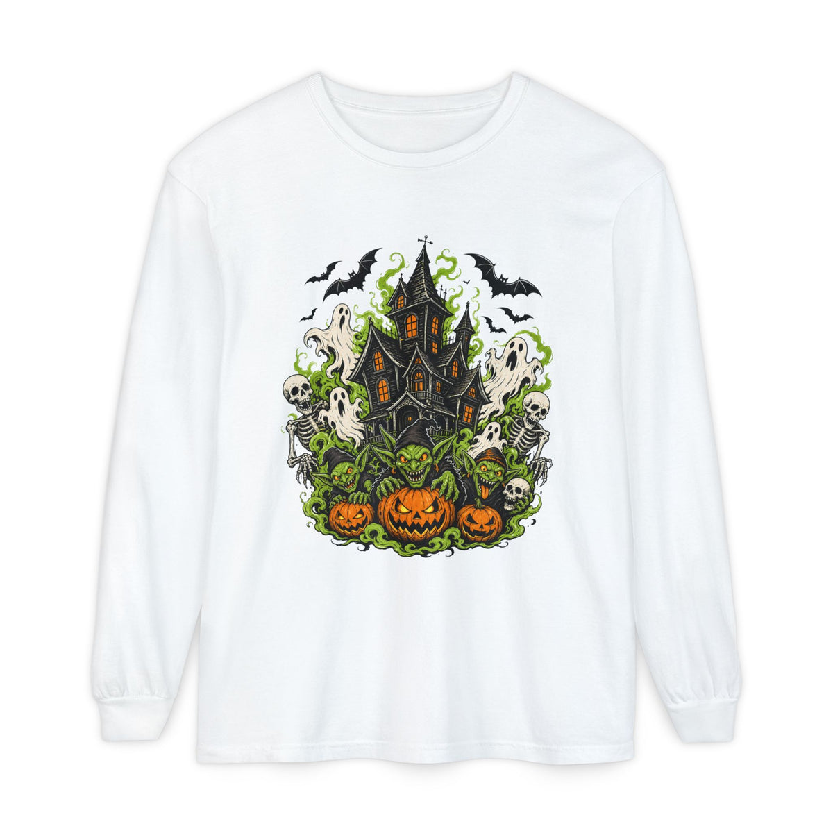 Haunted House with Pumpkins Long Sleeve T-Shirt | Halloween Spooky Art