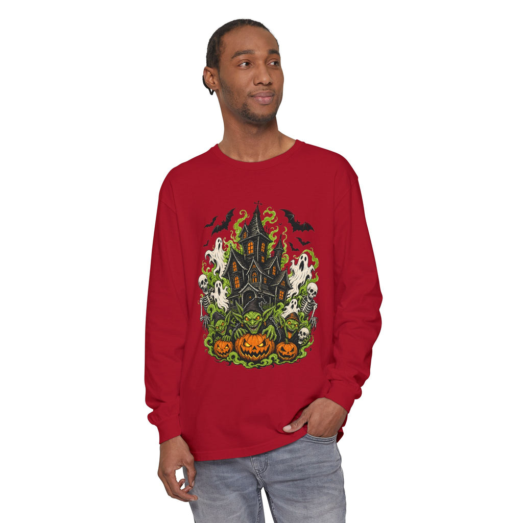 Haunted House with Pumpkins Long Sleeve T-Shirt | Halloween Spooky Art