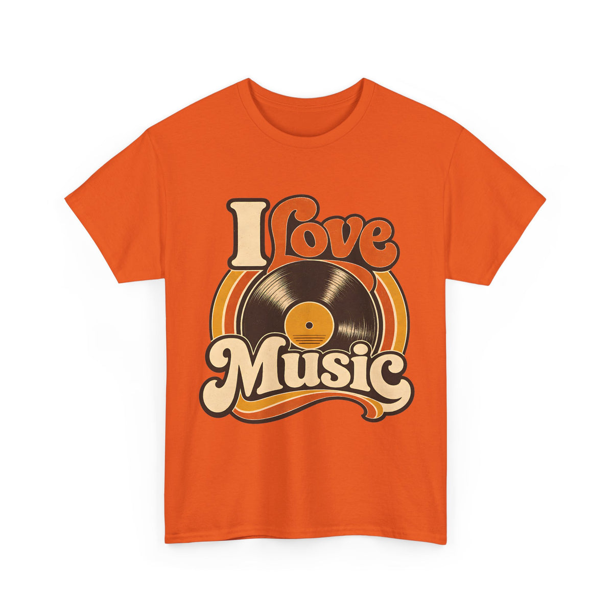 I Love Music vinyl record T-Shirt | Retro 70s typography, orange brown
