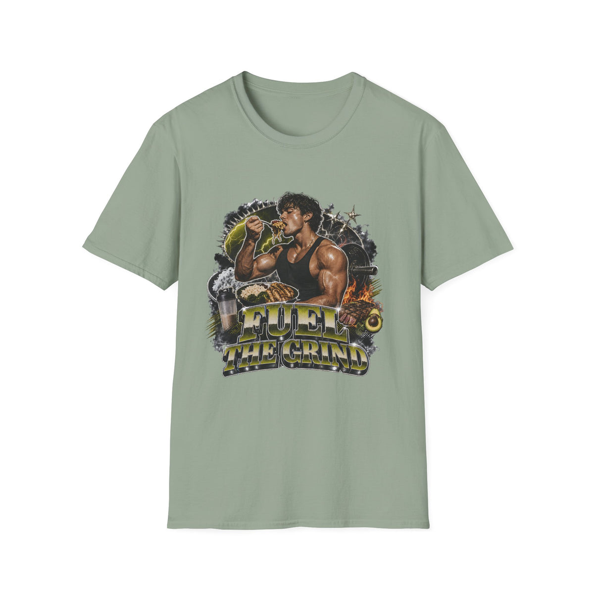 Bodybuilder Eating Food Illustration T-Shirt | Fuel The Grind
