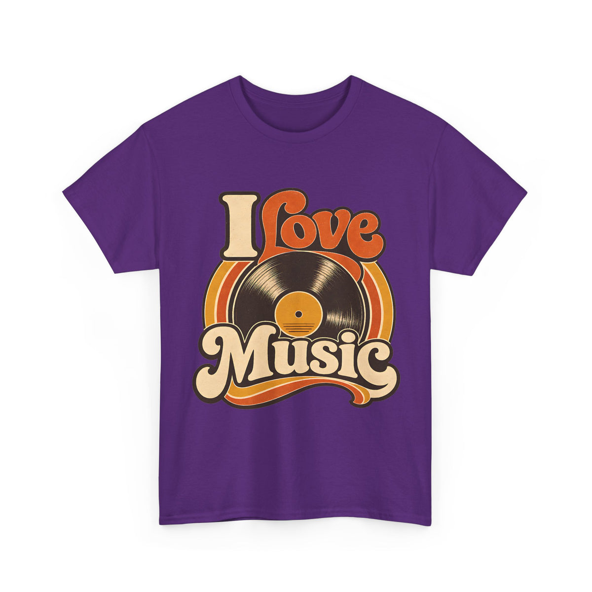 I Love Music vinyl record T-Shirt | Retro 70s typography, orange brown