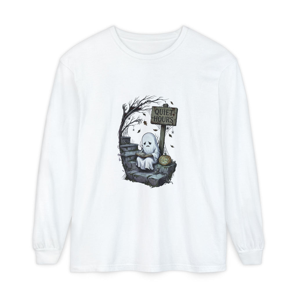 Sad Ghost with Quiet Hours Sign Long Sleeve Tee | Halloween