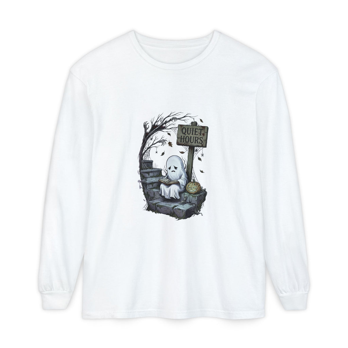 Sad Ghost with Quiet Hours Sign Long Sleeve Tee | Halloween