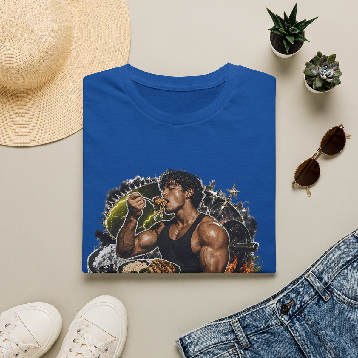 Bodybuilder Eating Food Illustration T-Shirt | Fuel The Grind