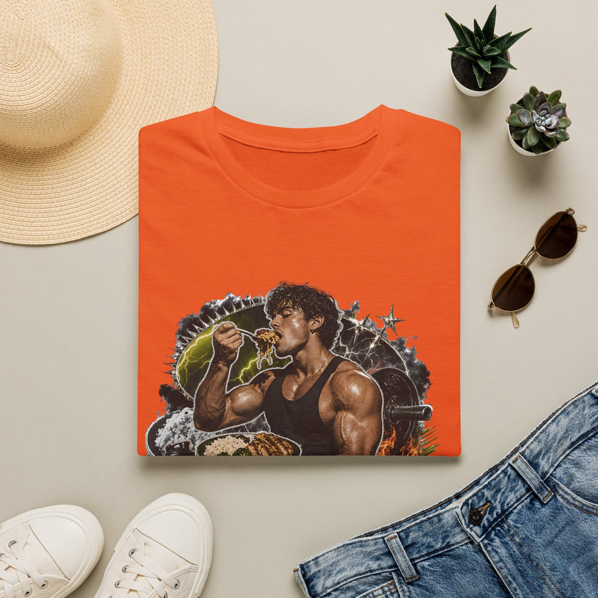 Bodybuilder Eating Food Illustration T-Shirt | Fuel The Grind