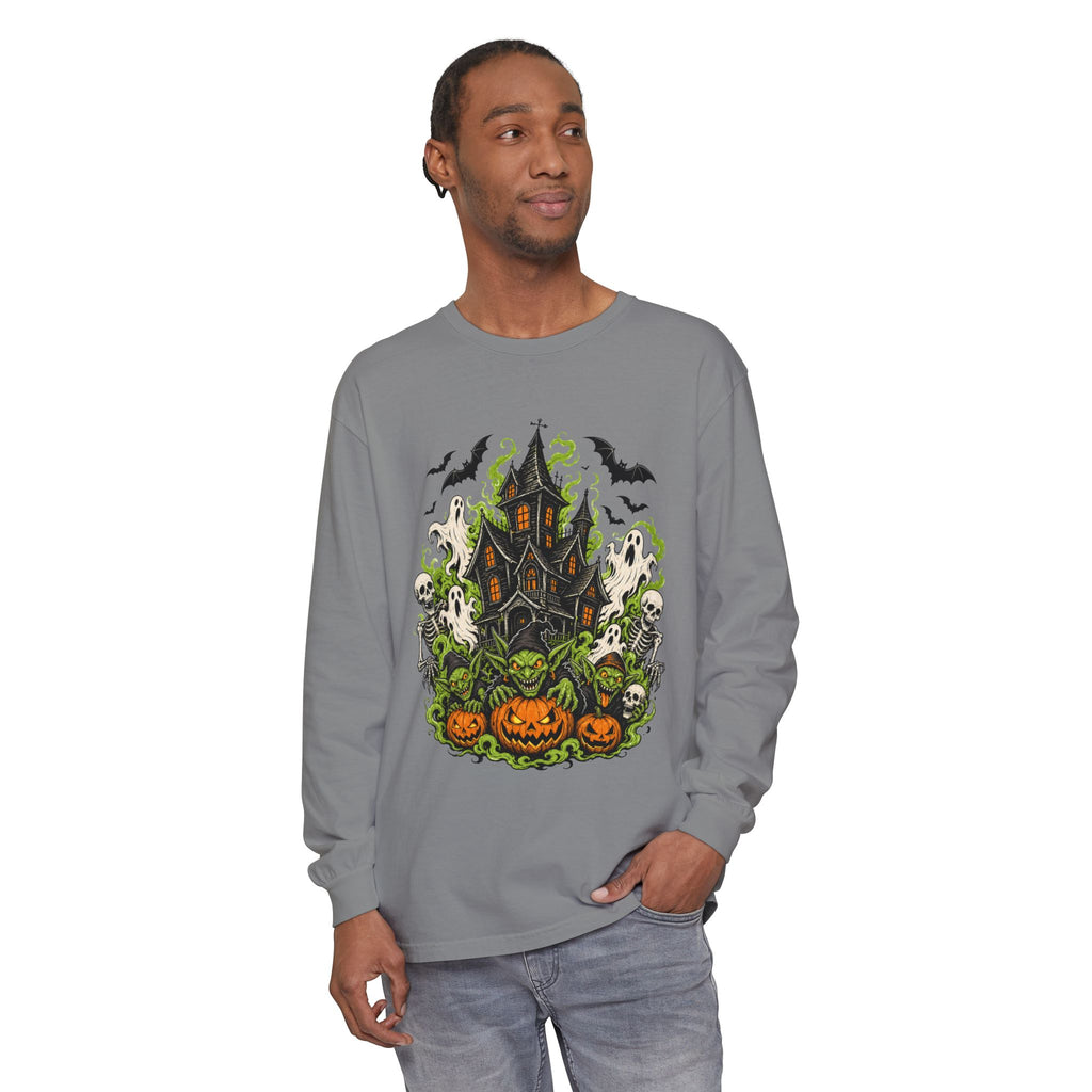 Haunted House with Pumpkins Long Sleeve T-Shirt | Halloween Spooky Art