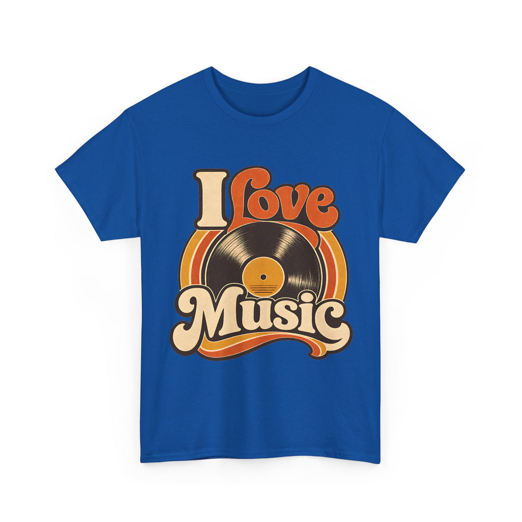 I Love Music vinyl record T-Shirt | Retro 70s typography, orange brown