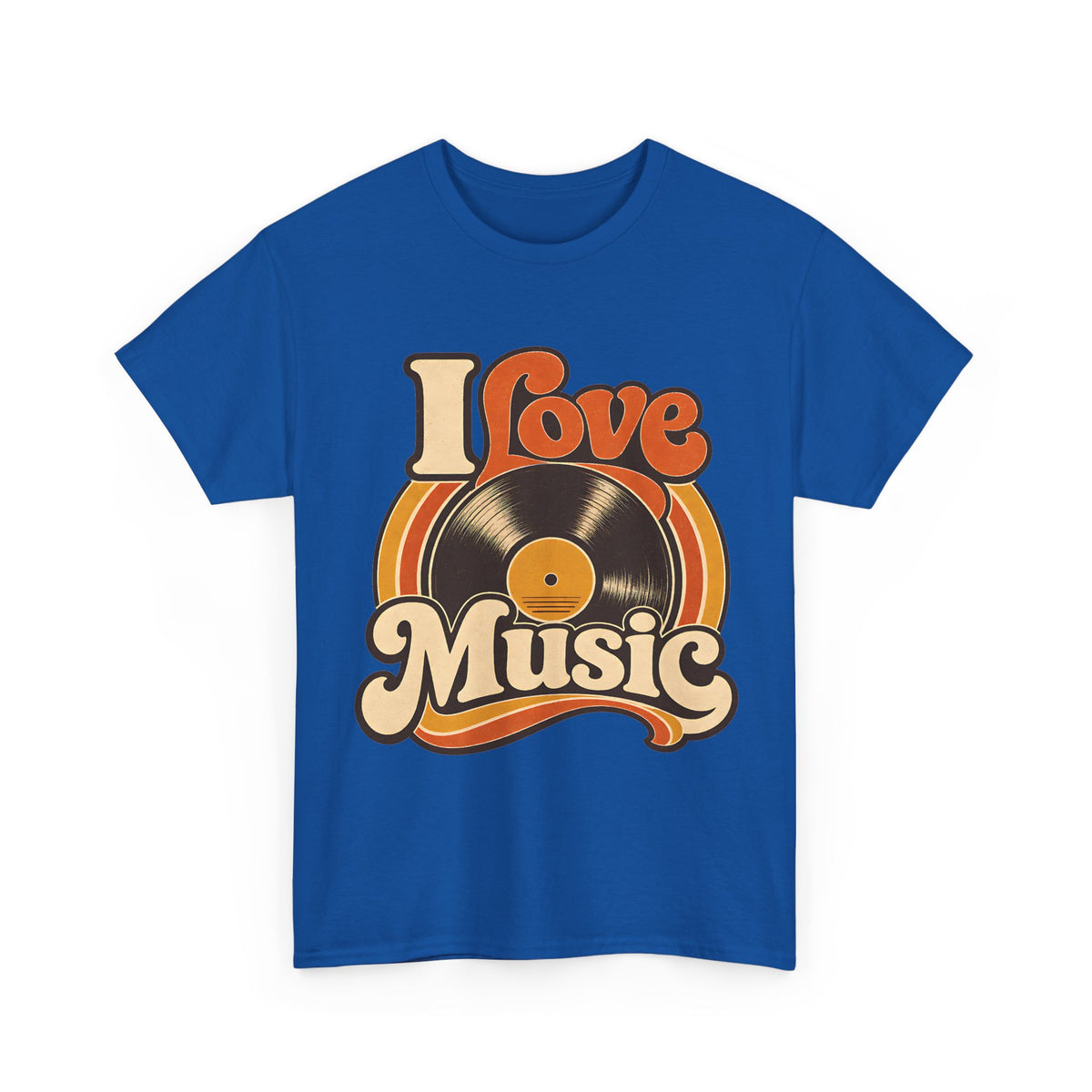 I Love Music vinyl record T-Shirt | Retro 70s typography, orange brown