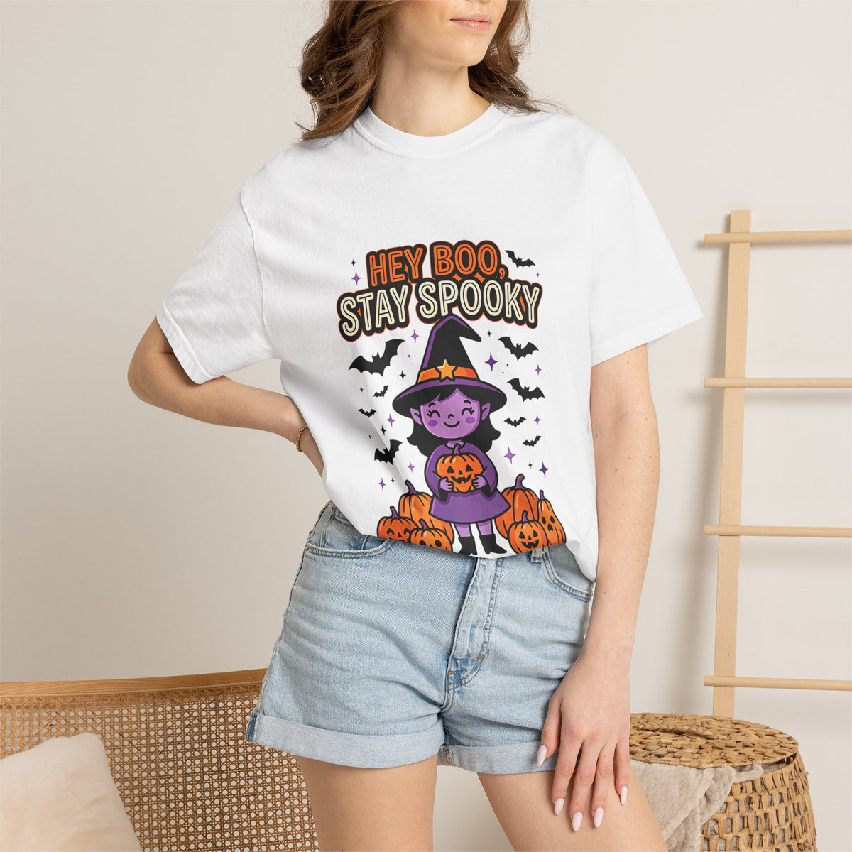 Hey Boo Stay Spooky Witch T-Shirt | Halloween Pumpkin Bats