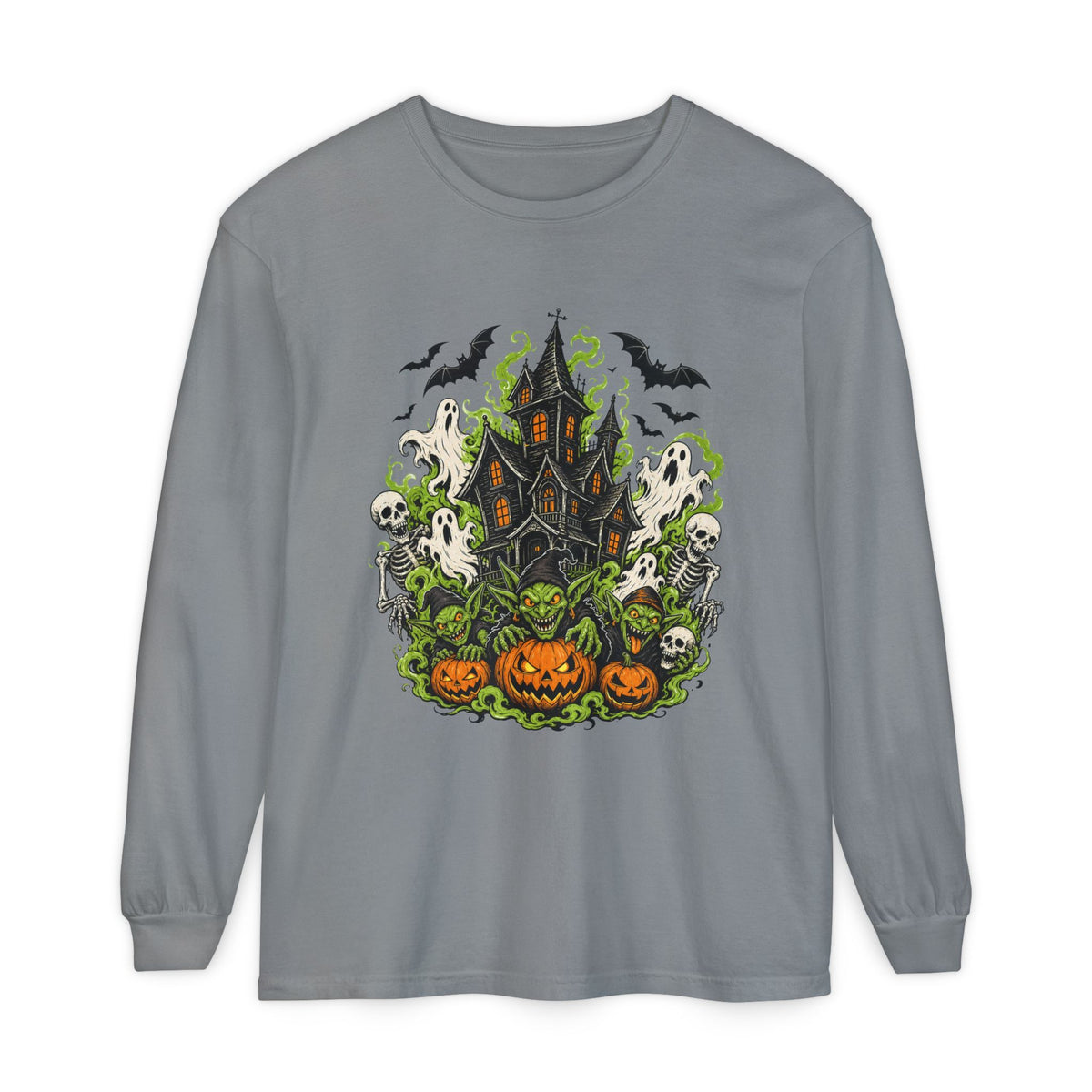 Haunted House with Pumpkins Long Sleeve T-Shirt | Halloween Spooky Art