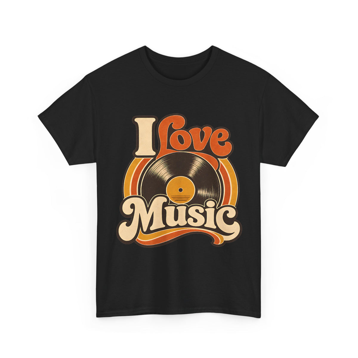 I Love Music vinyl record T-Shirt | Retro 70s typography, orange brown