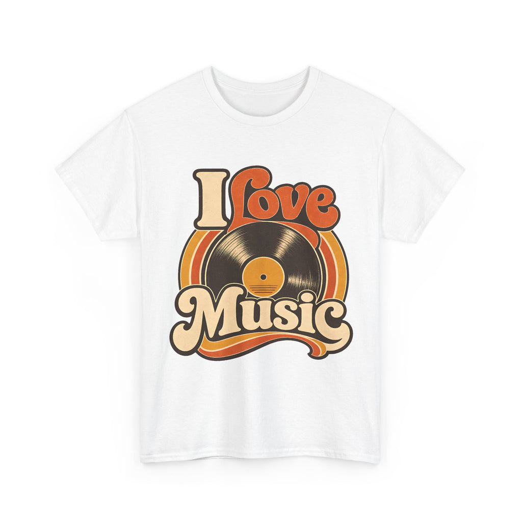 I Love Music vinyl record T-Shirt | Retro 70s typography, orange brown