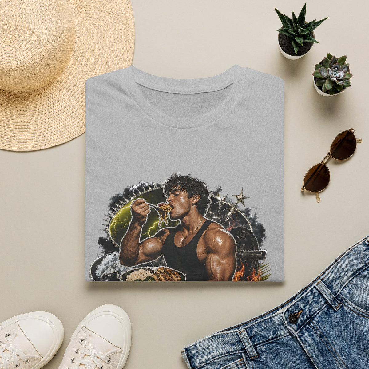 Bodybuilder Eating Food Illustration T-Shirt | Fuel The Grind