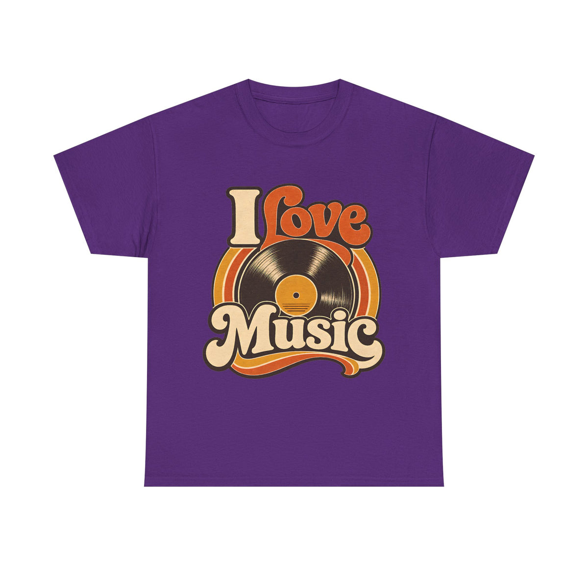 I Love Music vinyl record T-Shirt | Retro 70s typography, orange brown