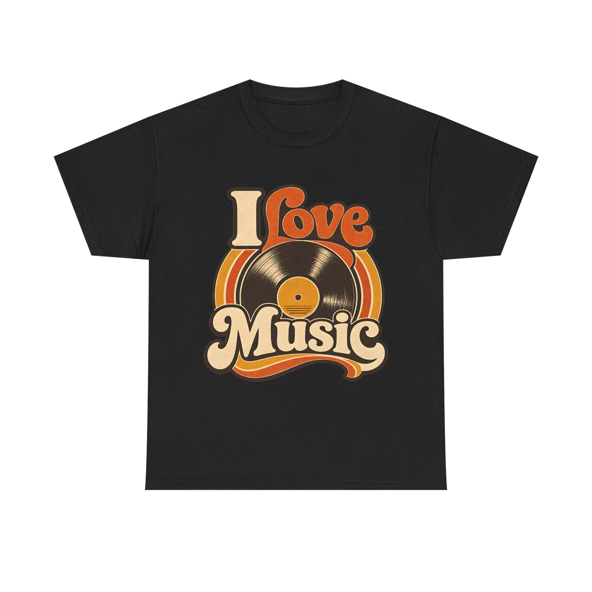 I Love Music vinyl record T-Shirt | Retro 70s typography, orange brown