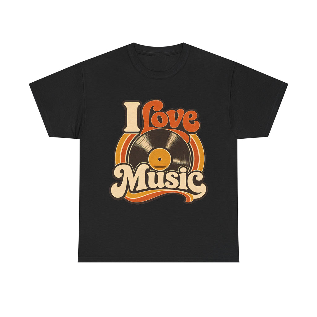 I Love Music vinyl record T-Shirt | Retro 70s typography, orange brown