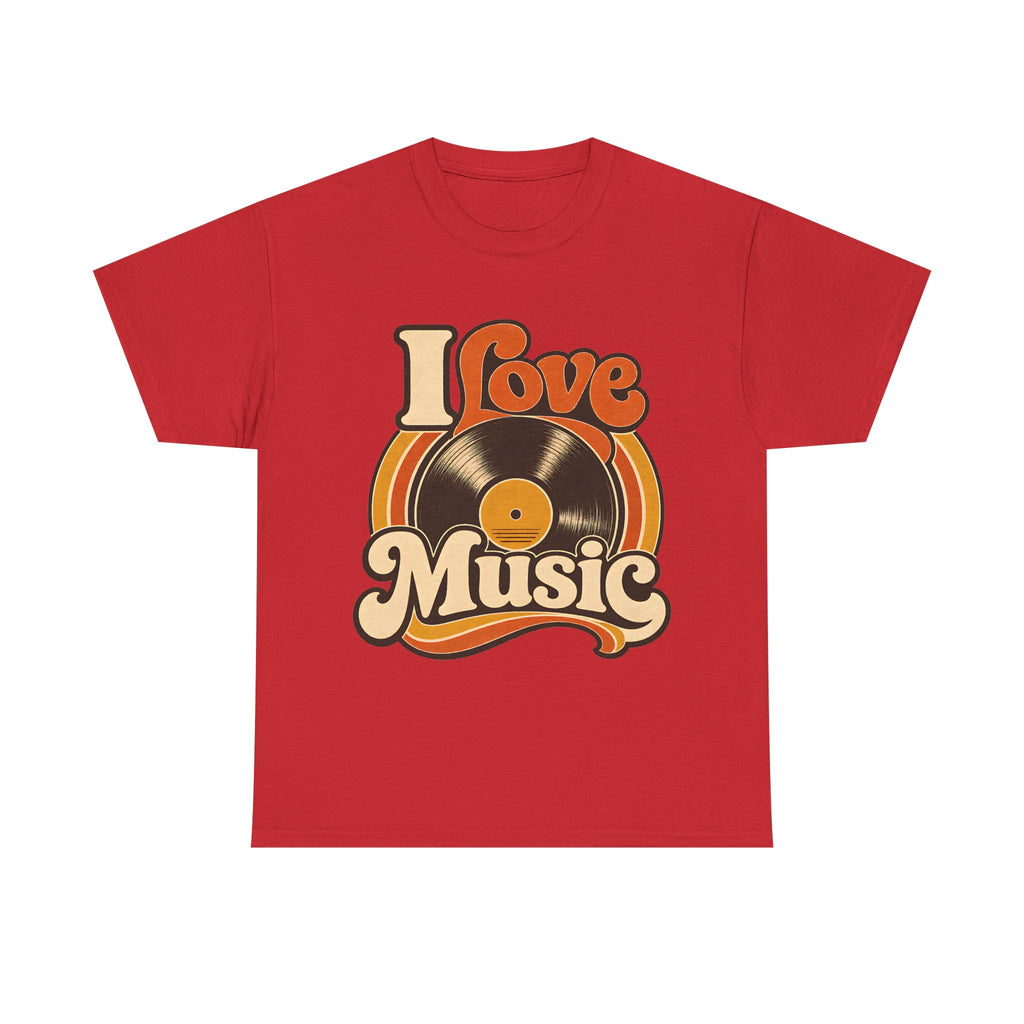 I Love Music vinyl record T-Shirt | Retro 70s typography, orange brown