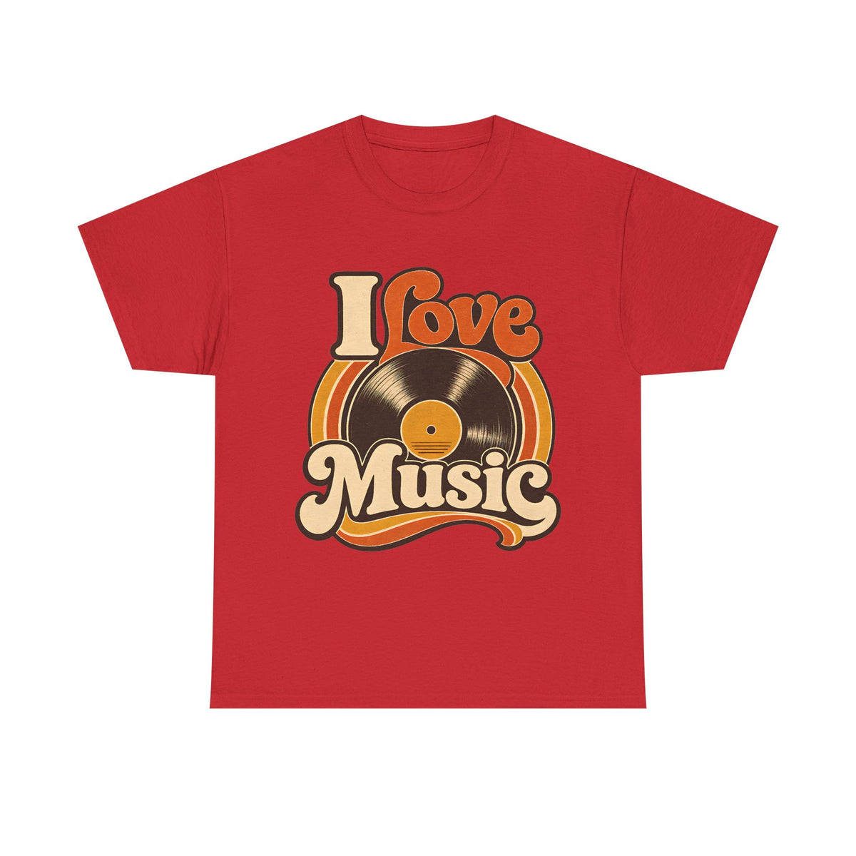 I Love Music vinyl record T-Shirt | Retro 70s typography, orange brown