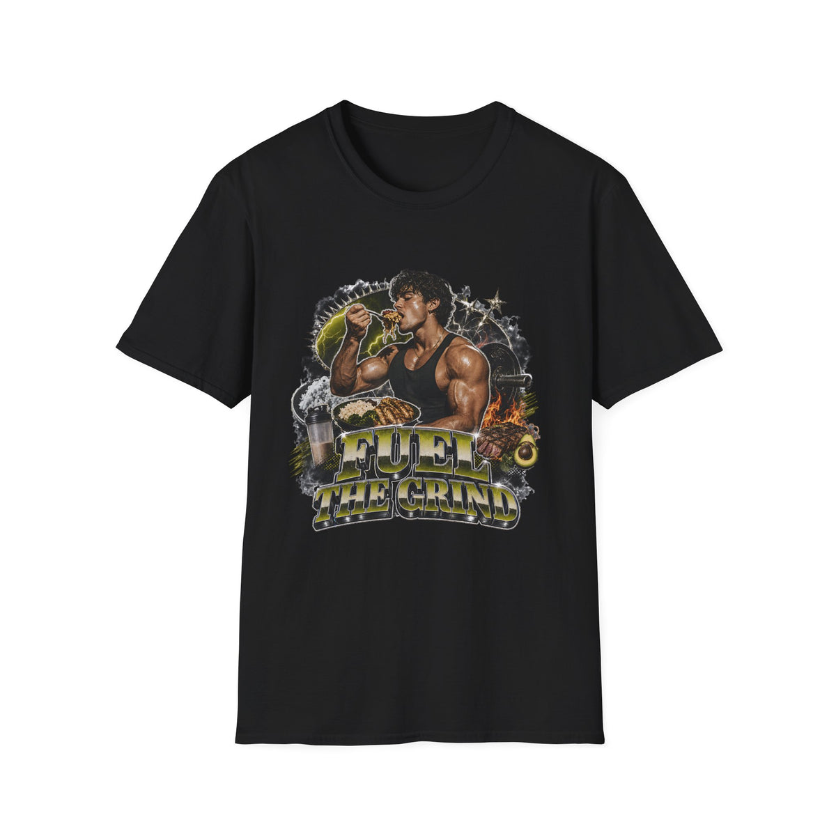 Bodybuilder Eating Food Illustration T-Shirt | Fuel The Grind
