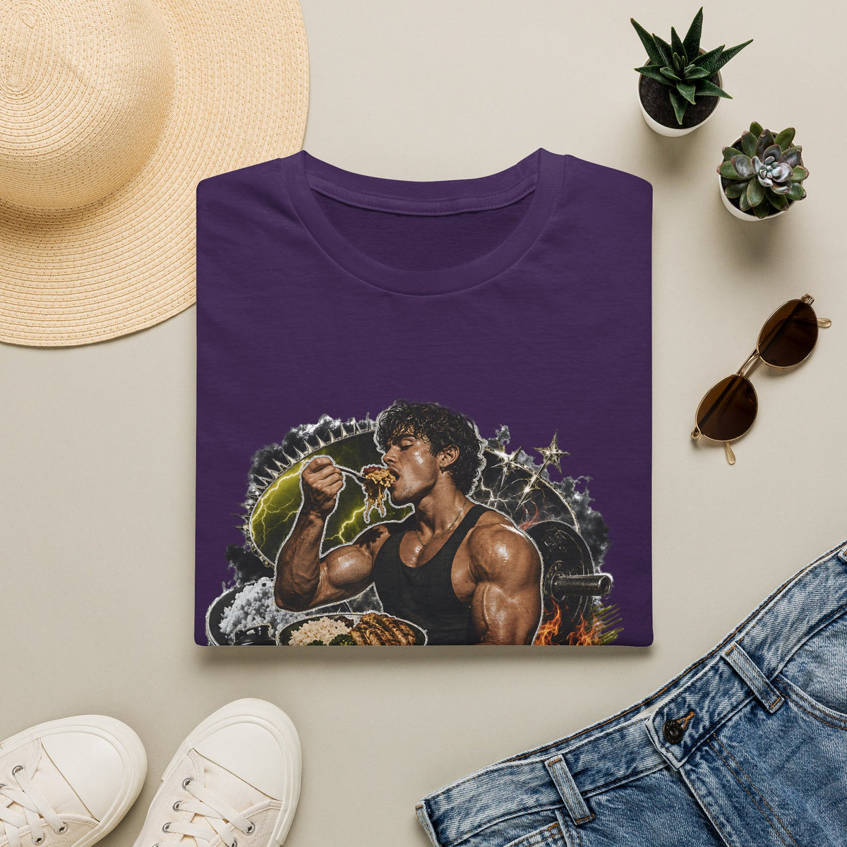 Bodybuilder Eating Food Illustration T-Shirt | Fuel The Grind
