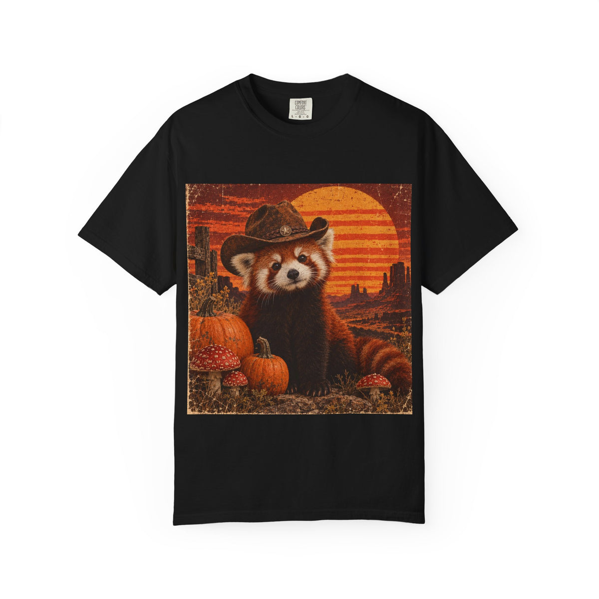 Halloween Red Panda T-Shirt — Vintage Pumpkin Sunset Design