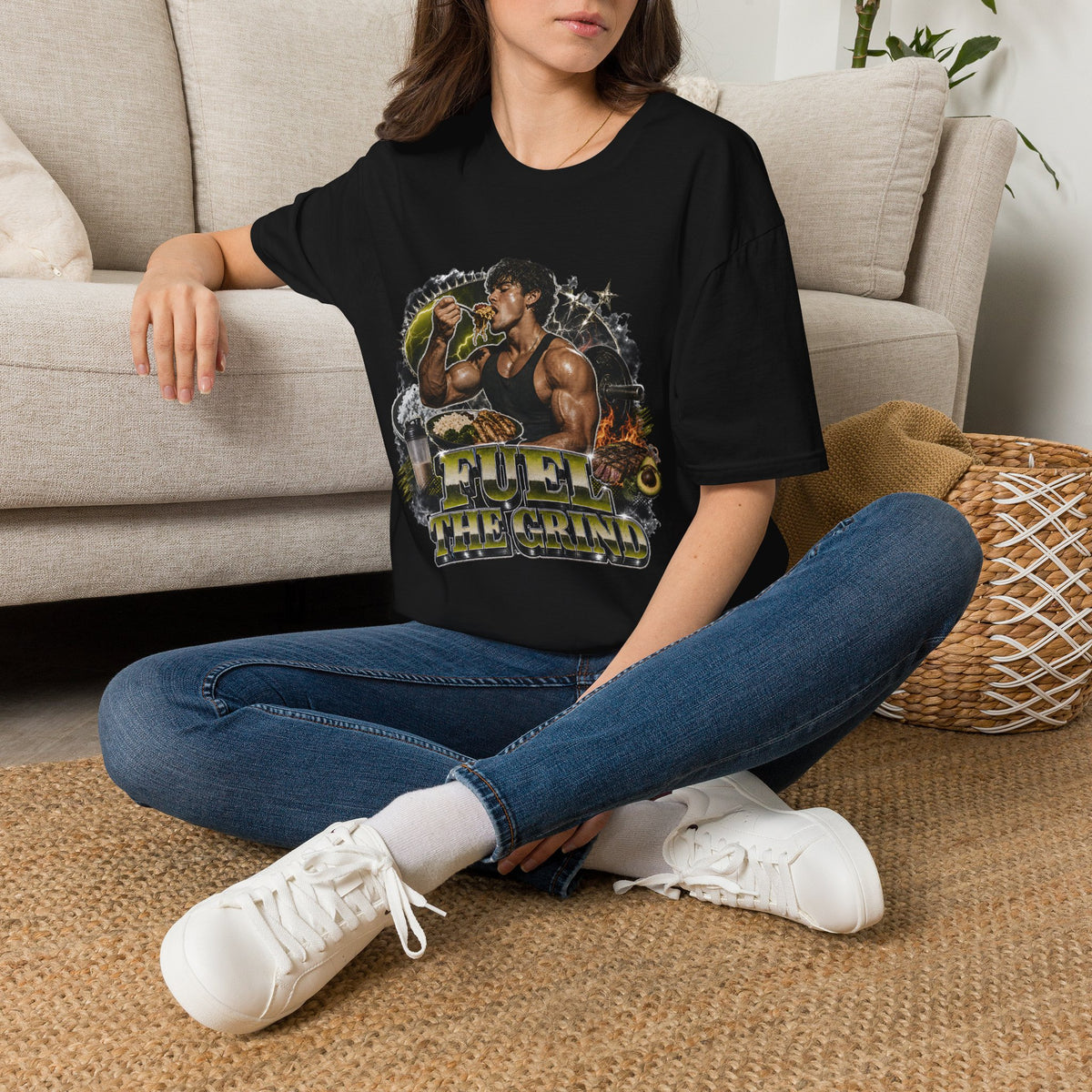 Bodybuilder Eating Food Illustration T-Shirt | Fuel The Grind