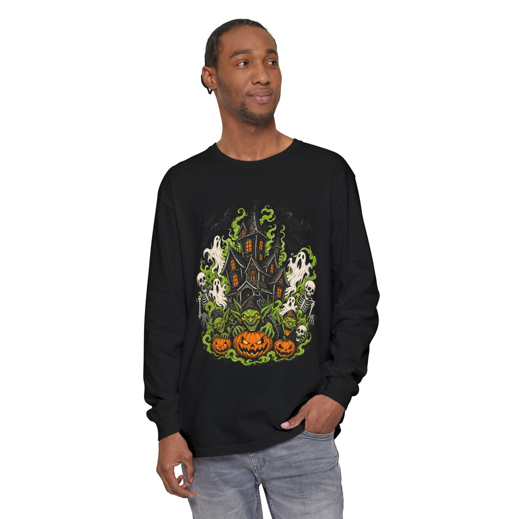 Haunted House with Pumpkins Long Sleeve T-Shirt | Halloween Spooky Art