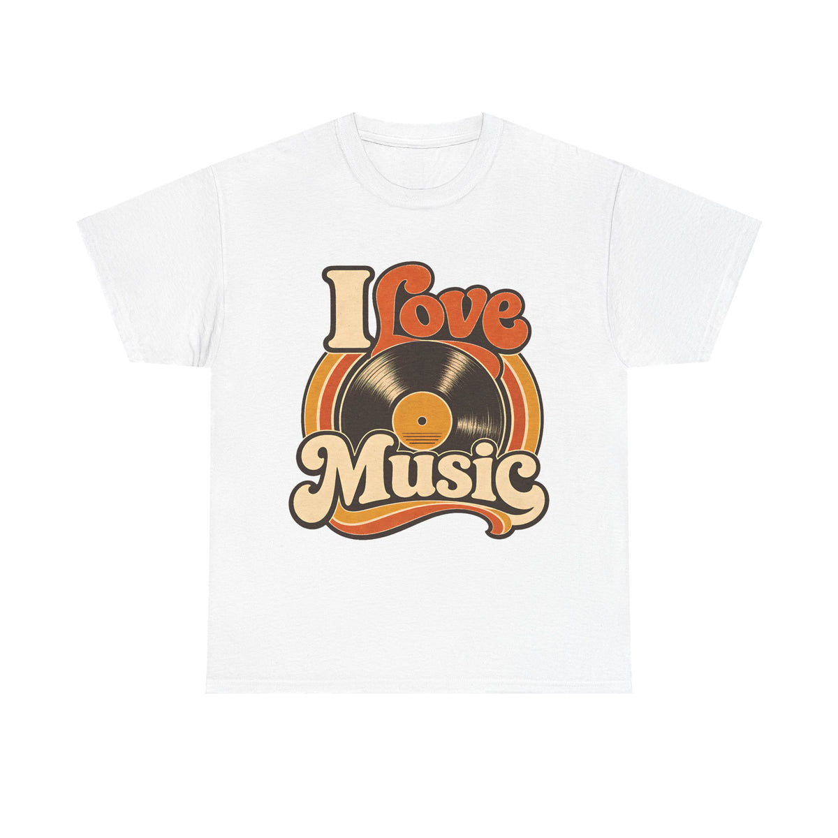 I Love Music vinyl record T-Shirt | Retro 70s typography, orange brown