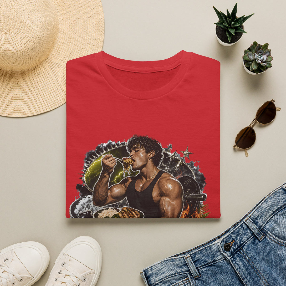 Bodybuilder Eating Food Illustration T-Shirt | Fuel The Grind