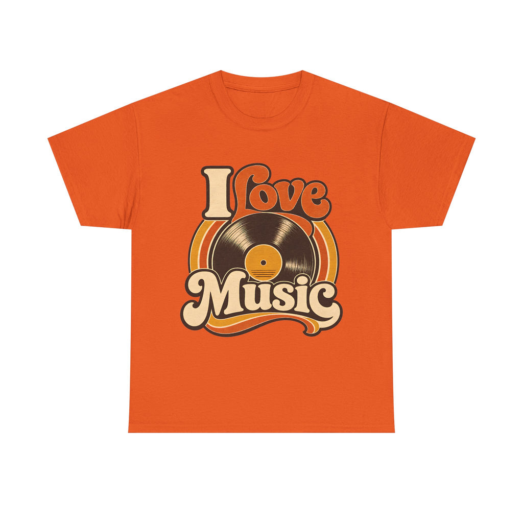 I Love Music vinyl record T-Shirt | Retro 70s typography, orange brown