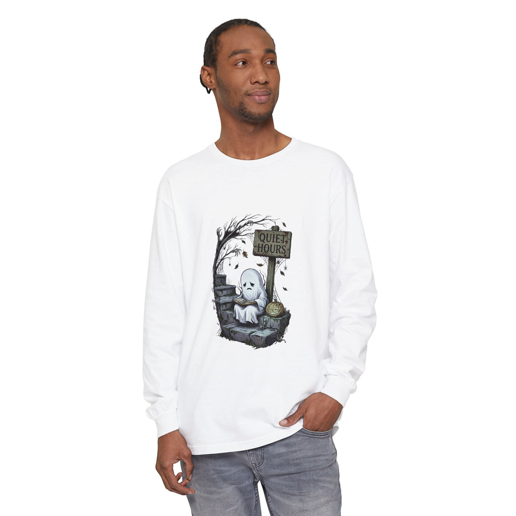 Sad Ghost with Quiet Hours Sign Long Sleeve Tee | Halloween