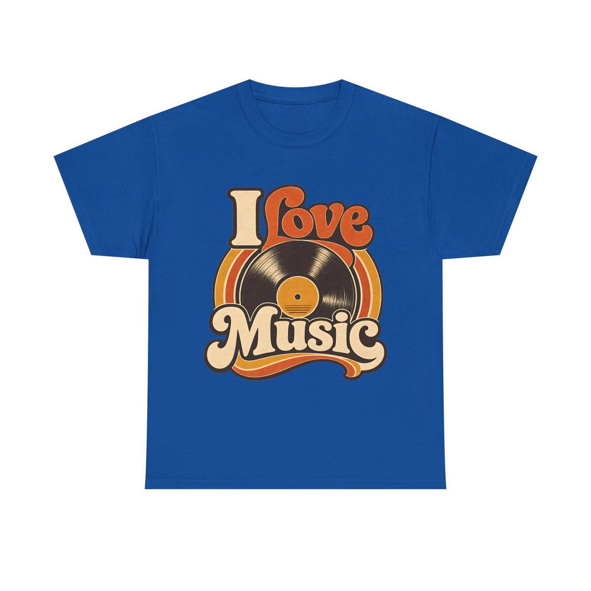 I Love Music vinyl record T-Shirt | Retro 70s typography, orange brown