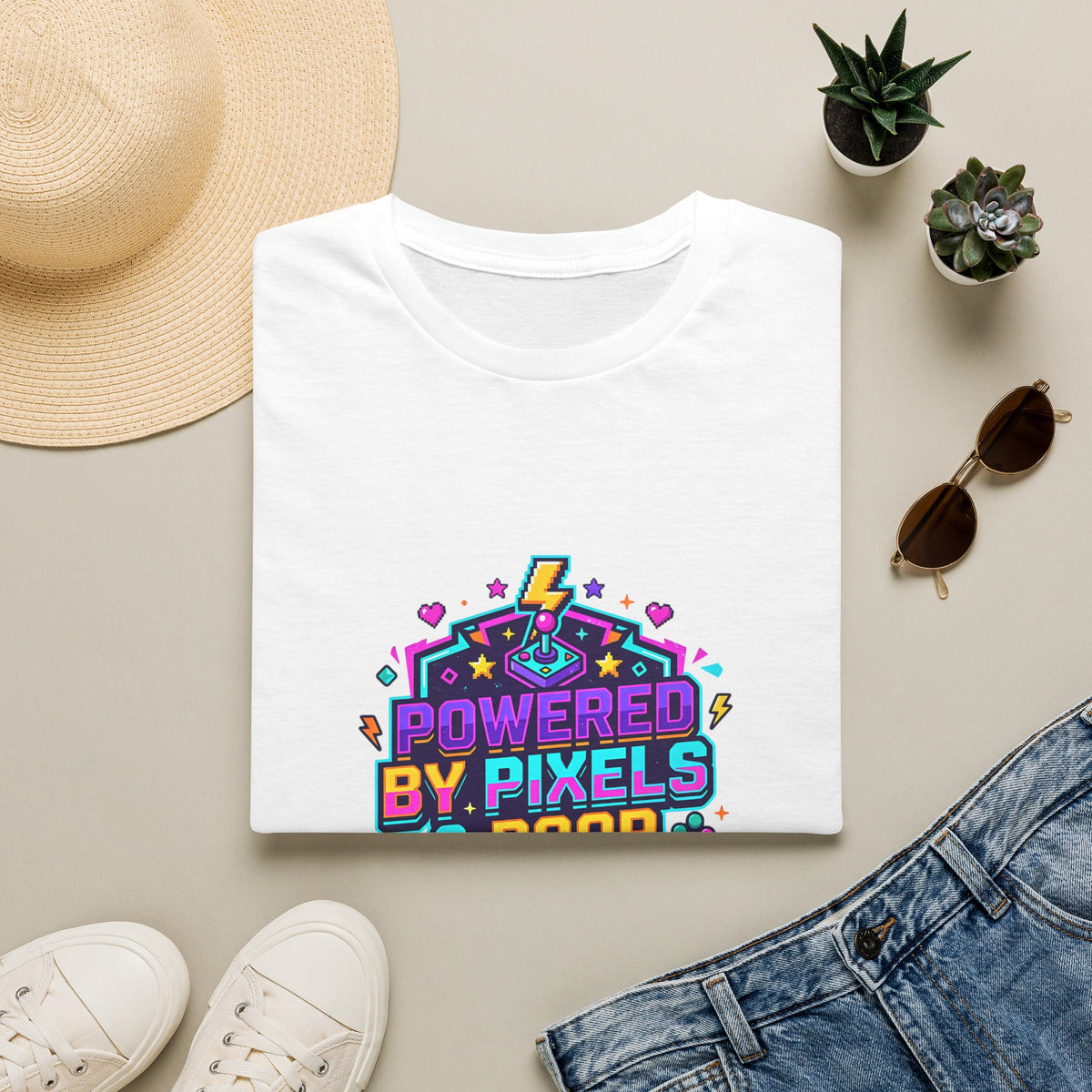 Powered by Pixels T-Shirt | Retro Gaming Graphic Tee