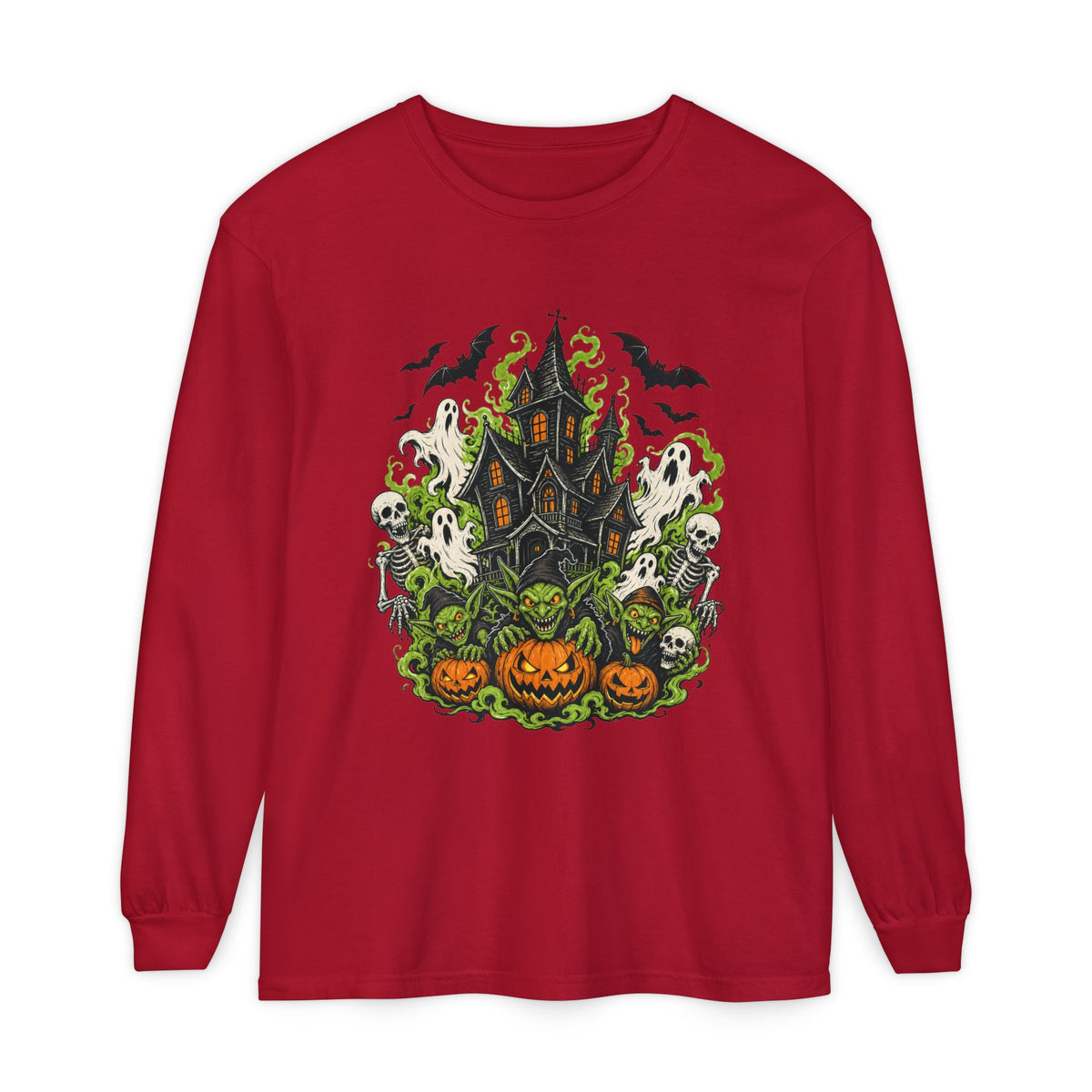 Haunted House with Pumpkins Long Sleeve T-Shirt | Halloween Spooky Art