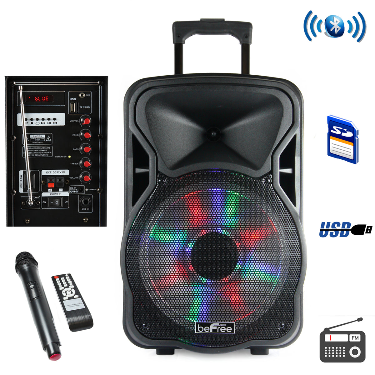 beFree Sound 12-Inch 2500W Bluetooth Portable PA Speaker with Wireless Microphone & LED Lights