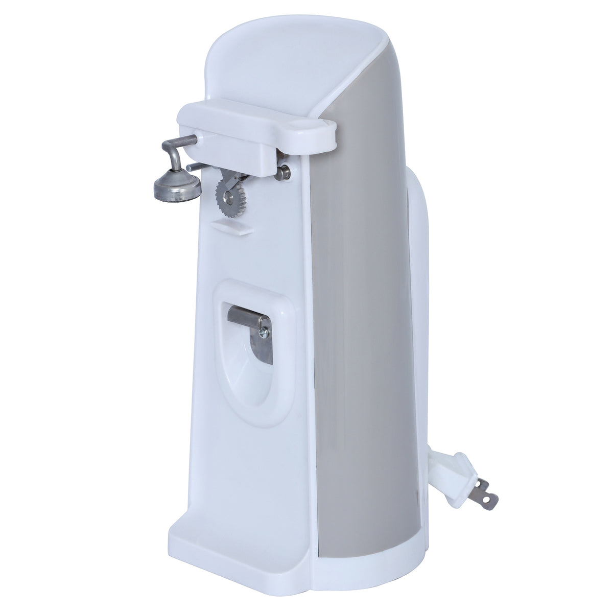 Brentwood 3-in-1 Tall Electric Can Opener with Knife Sharpener & Bottle Opener  White & Gray